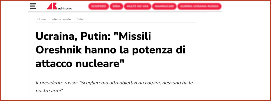 Ucraina, Putin: "Missili Oreshnik hanno la potenza di attacco nucleare"