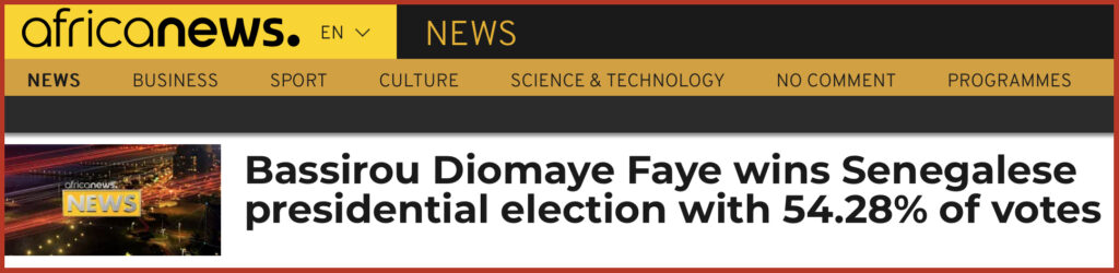  Bassirou Diomaye Faye wins Senegalese presidential election with 54.28% of votes