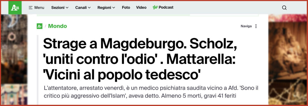 Mondo Naviga Strage a Magdeburgo. Scholz, 'uniti contro l'odio' . Mattarella: 'Vicini al popolo tedesco'