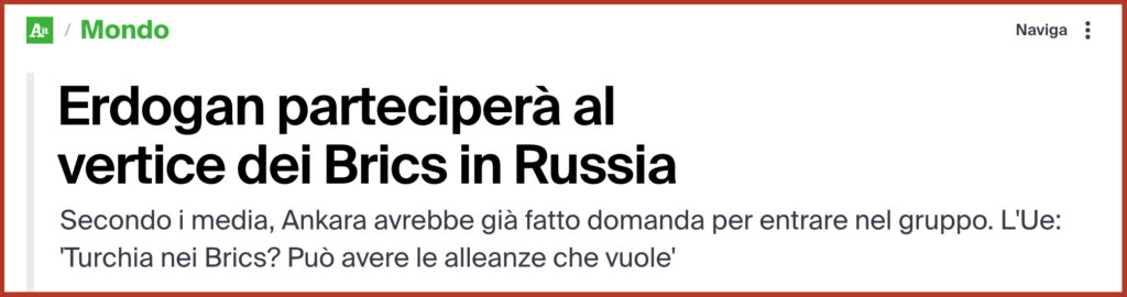 Erdogan parteciperà al vertice dei Brics in Russia