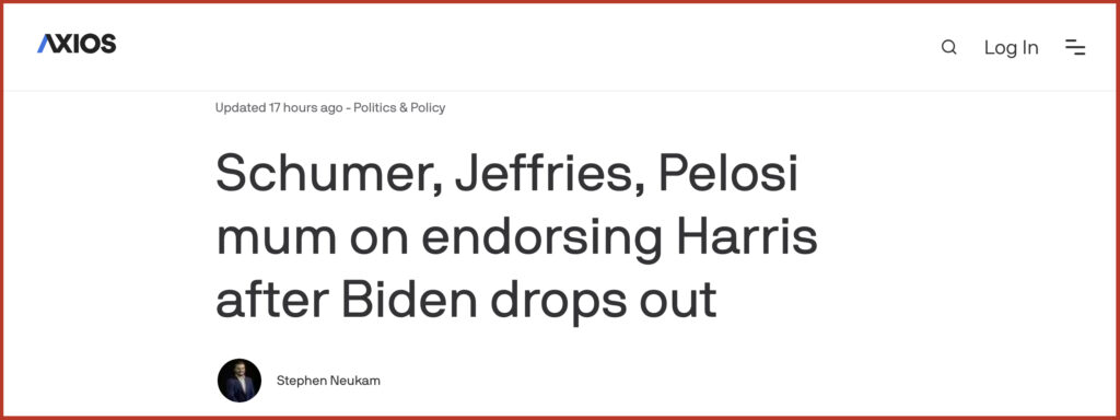 Schumer, Jeffries, Pelosi mum on endorsing Harris after Biden drops out