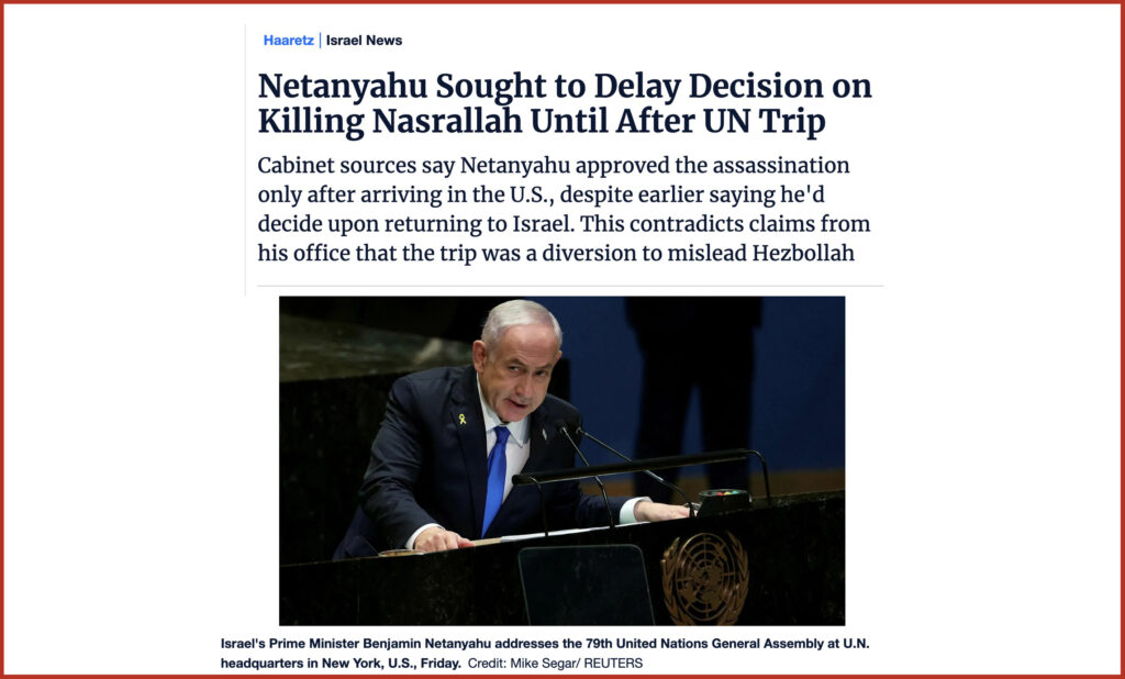 Netanyahu Sought to Delay Decision on Killing Nasrallah Until After UN Trip