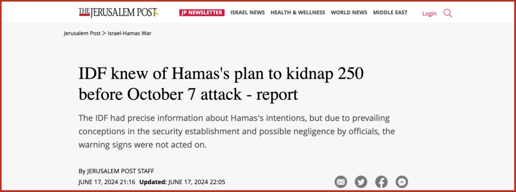 IDF knew of Hamas's plan to kidnap 250 before October 7 attack - report