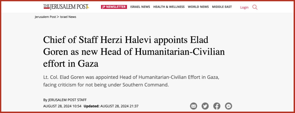 Chief of Staff Herzi Halevi appoints Elad Goren as new Head of Humanitarian-Civilian effort in Gaza