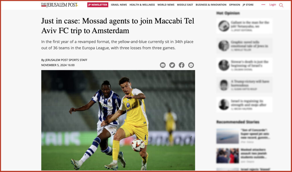 Just in case: Mossad agents to join Maccabi Tel Aviv FC trip to Amsterdam