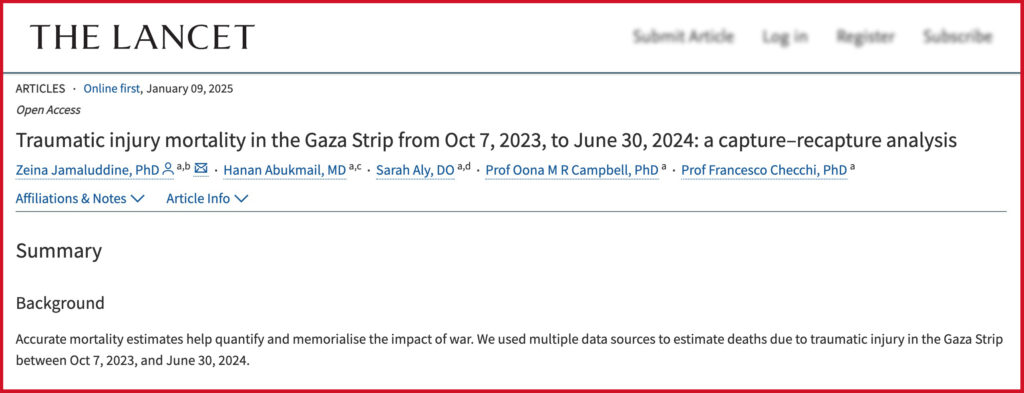 Traumatic injury mortality in the Gaza Strip from Oct 7, 2023, to June 30, 2024: a capture–recapture analysis