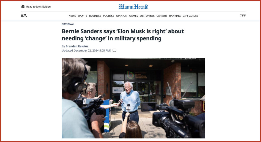 Bernie Sanders says ‘Elon Musk is right’ about needing ‘change’ in military spending Read more at: https://www.miamiherald.com/news/nation-world/national/article296429624.html#storylink=cpy