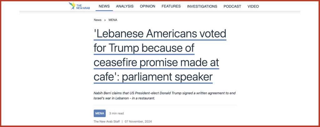 'Lebanese Americans voted for Trump because of ceasefire promise made at cafe': parliament speaker 