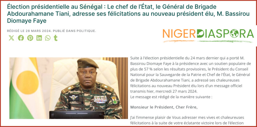 Élection présidentielle au Sénégal : Le chef de l’État, le Général de Brigade Abdourahamane Tiani, adresse ses félicitations au nouveau président élu, M. Bassirou Diomaye Faye