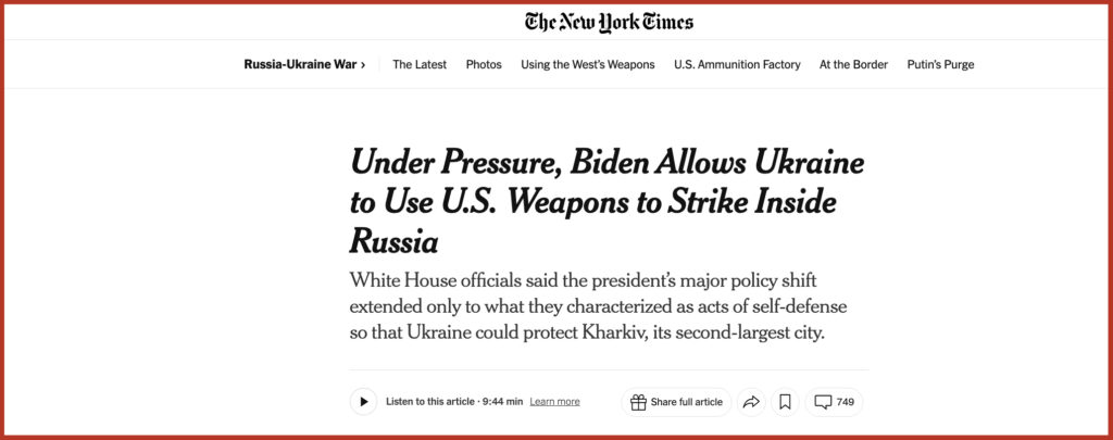 Under Pressure, Biden Allows Ukraine to Use U.S. Weapons to Strike Inside Russia