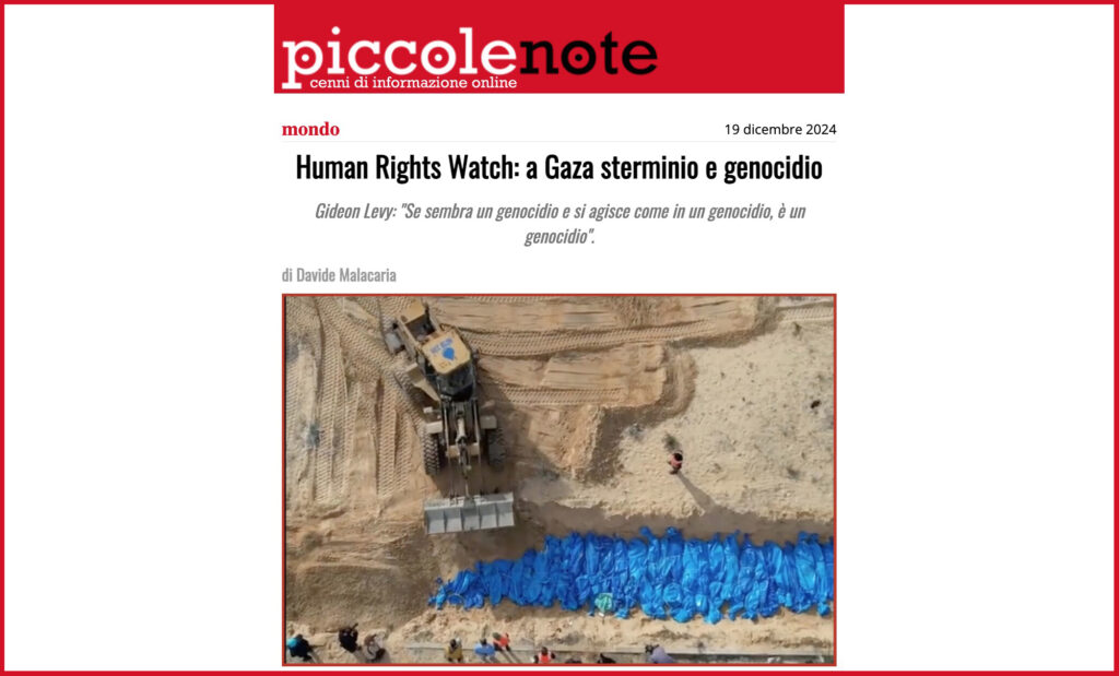 Human Rights Watch: a Gaza sterminio e genocidio