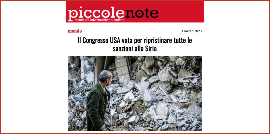 Il Congresso USA vota per ripristinare tutte le sanzioni alla Siria