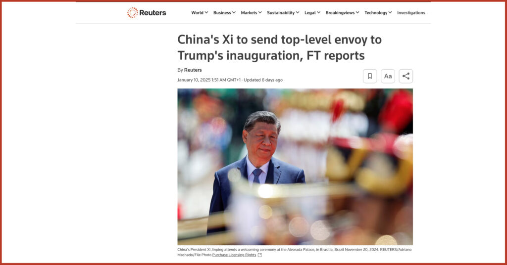 China's Xi to send top-level envoy to Trump's inauguration, FT reports