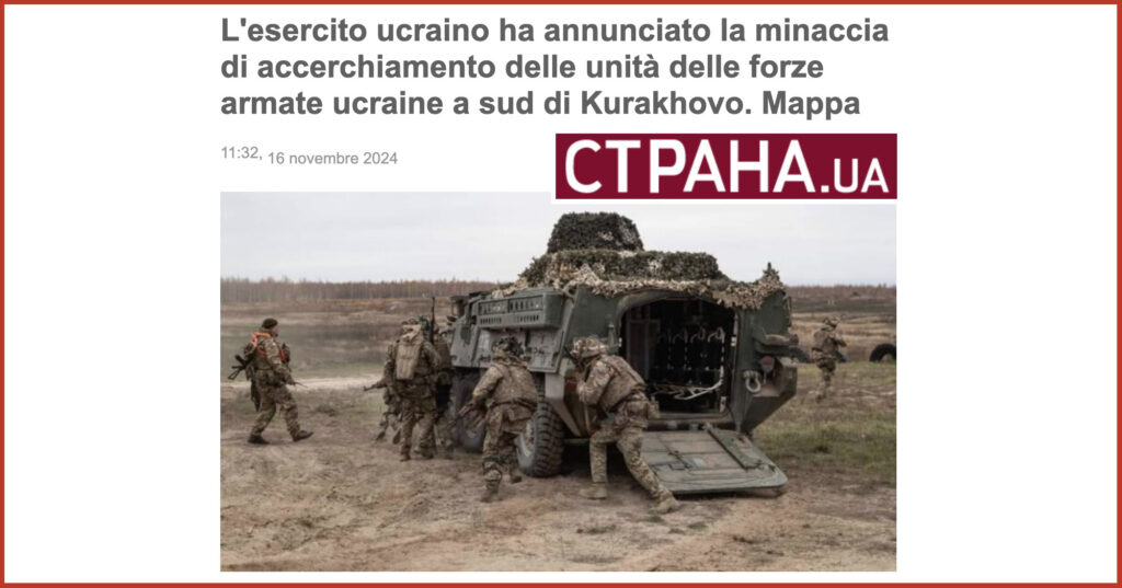 L'esercito ucraino ha annunciato la minaccia di accerchiamento delle unità delle forze armate ucraine a sud di Kurakhovo.