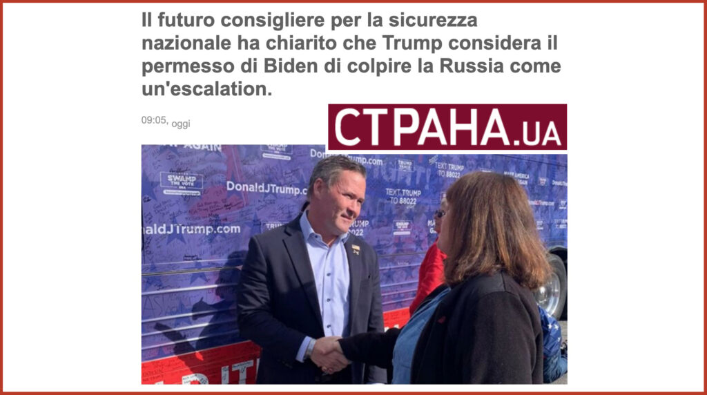 Il futuro consigliere per la sicurezza nazionale ha chiarito che Trump considera il permesso di Biden di colpire la Russia come un'escalation.