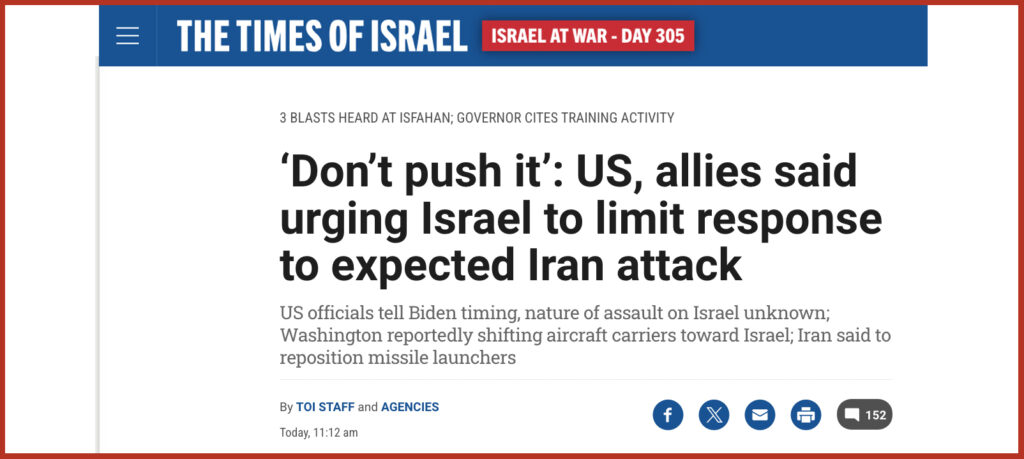 ‘Don’t push it’: US, allies said urging Israel to limit response to expected Iran attack