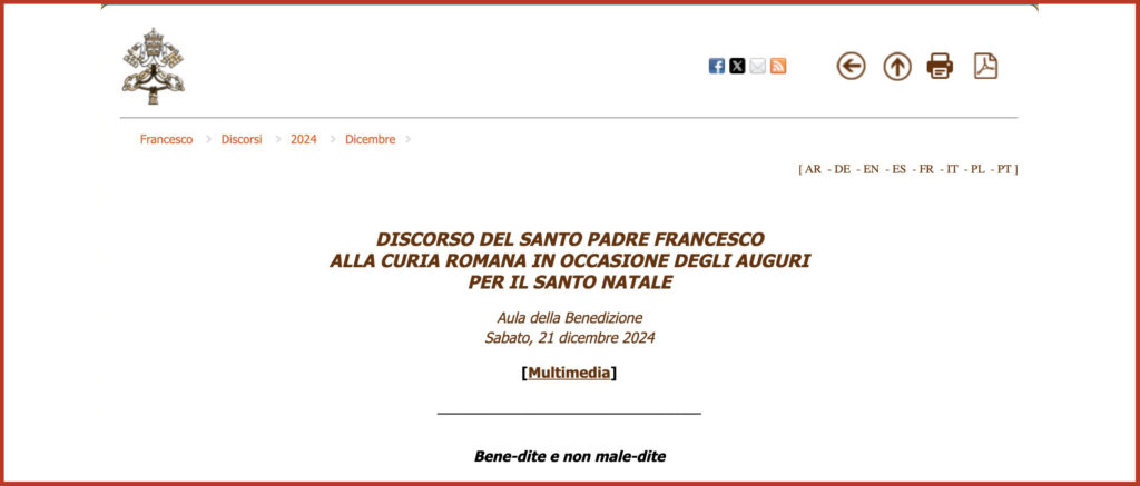 DISCORSO DEL SANTO PADRE FRANCESCO ALLA CURIA ROMANA IN OCCASIONE DEGLI AUGURI PER IL SANTO NATALE