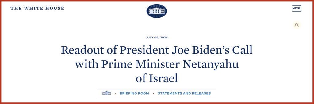 Readout of President Joe Biden’s Call with Prime Minister Netanyahu of Israel