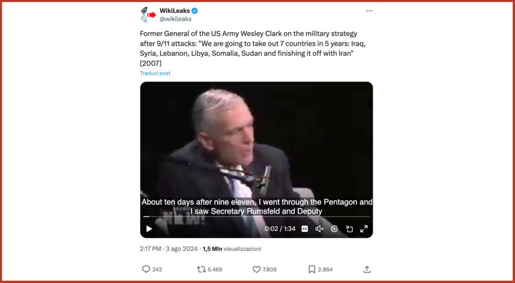 Former General of the US Army Wesley Clark on the military strategy after 9/11 attacks: "We are going to take out 7 countries in 5 years: Iraq, Syria, Lebanon, Libya, Somalia, Sudan and finishing it off with Iran" 