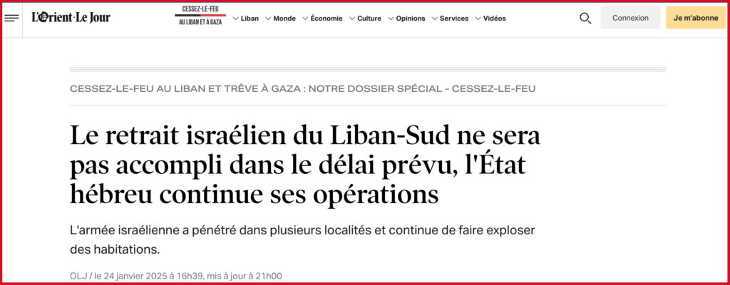 Le retrait israélien du Liban-Sud ne sera pas accompli dans le délai prévu, l'État hébreu continue ses opérations