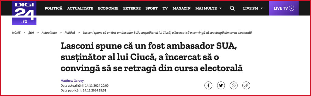 Lasconi spune că un fost ambasador SUA, susținător al lui Ciucă, a încercat să o convingă să se retragă din cursa electorală Citește mai mult la: https://www.digi24.ro/stiri/actualitate/politica/lasconi-sustine-ca-un-fost-ambasador-sua-sustinator-al-lui-ciuca-a-incercat-sa-o-convinga-sa-se-retraga-din-cursa-electorala-3006645 Informaţiile publicate pe site-ul Digi24.ro pot fi preluate, în conformitate cu legislația aplicabilă, doar în limita a 120 de caractere.