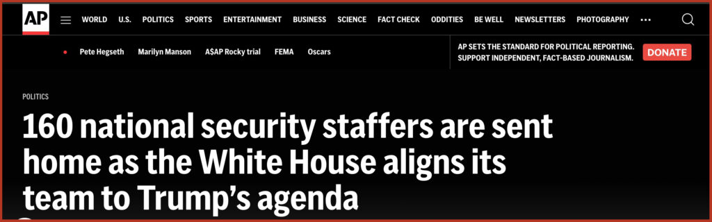 160 national security staffers are sent home as the White House aligns its team to Trump’s agenda