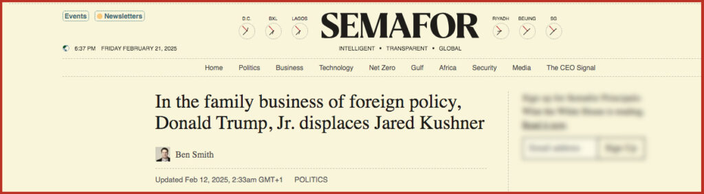 n the family business of foreign policy, Donald Trump, Jr. displaces Jared Kushner