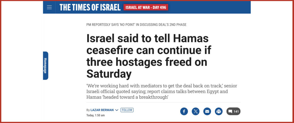 Israel said to tell Hamas ceasefire can continue if three hostages freed on Saturday