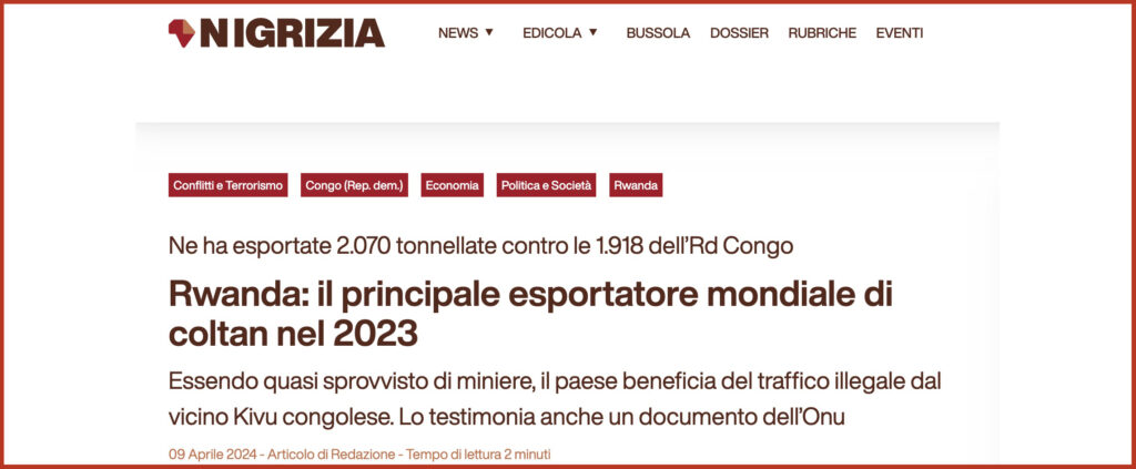 Rwanda: il principale esportatore mondiale di coltan nel 2023 Essendo quasi sprovvisto di miniere, il paese beneficia del traffico illegale dal vicino Kivu congolese. Lo testimonia anche un documento dell’Onu