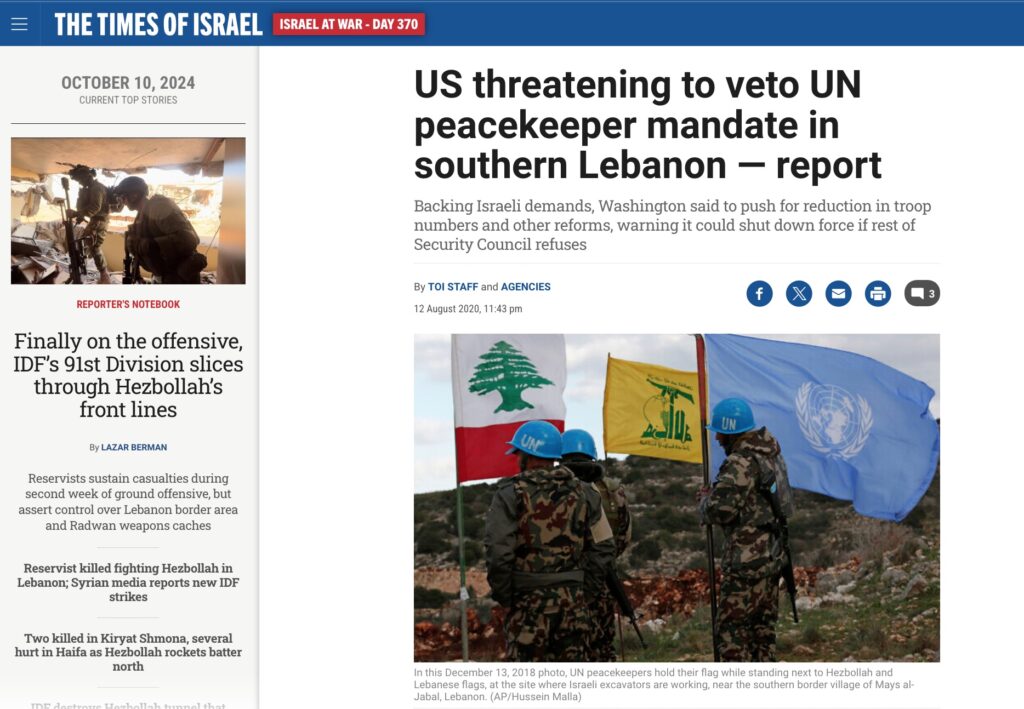 US threatening to veto UN peacekeeper mandate in southern Lebanon