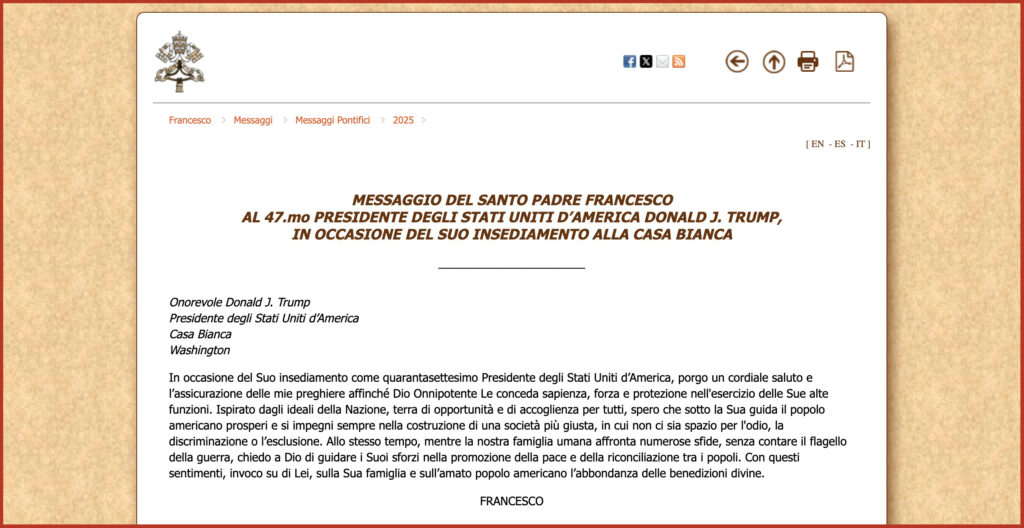 MESSAGGIO DEL SANTO PADRE FRANCESCO AL 47.mo PRESIDENTE DEGLI STATI UNITI D’AMERICA DONALD J. TRUMP, IN OCCASIONE DEL SUO INSEDIAMENTO ALLA CASA BIANCA