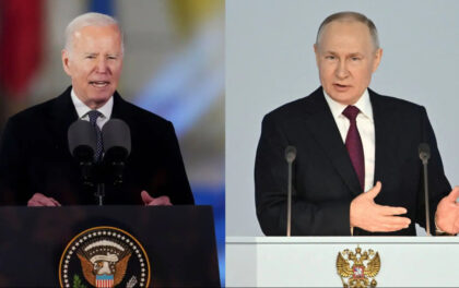 Biden e Putin durante i rispettivi discorsi di ieri. Biden e Putin: la disfida dialettica e la Terza guerra mondiale