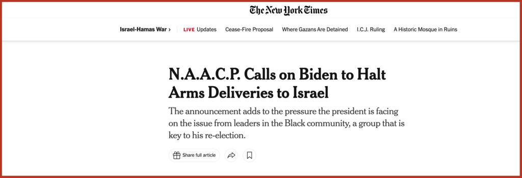 N.A.A.C.P. Calls on Biden to Halt Arms Deliveries to Israel