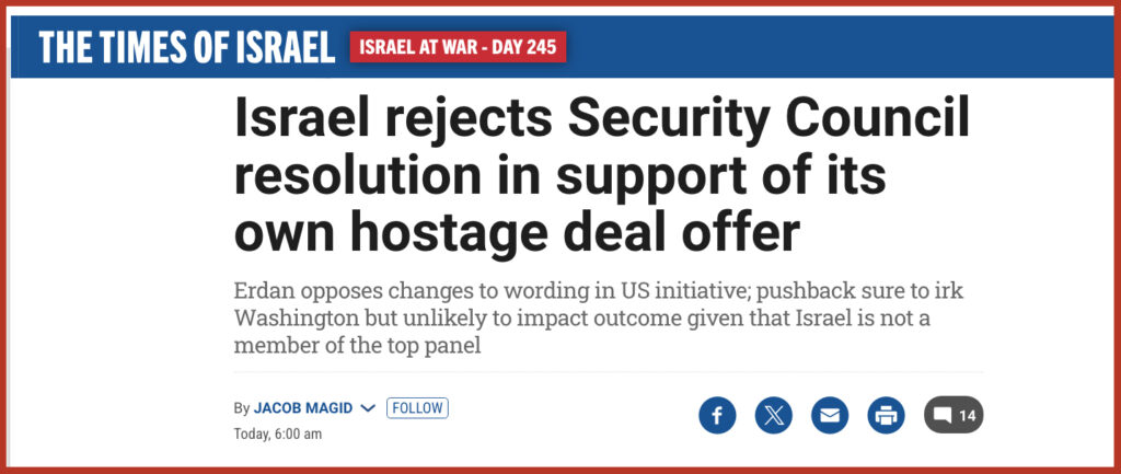 Israel rejects Security Council resolution in support of its own hostage deal offer