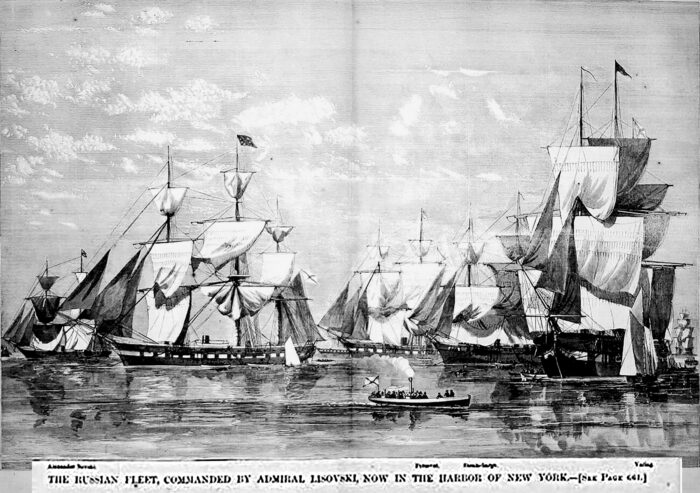 Stampa d'epoca. La flotta russa nel porto di New York. La Russia, l'indipendenza americana e la guerra di Secessione