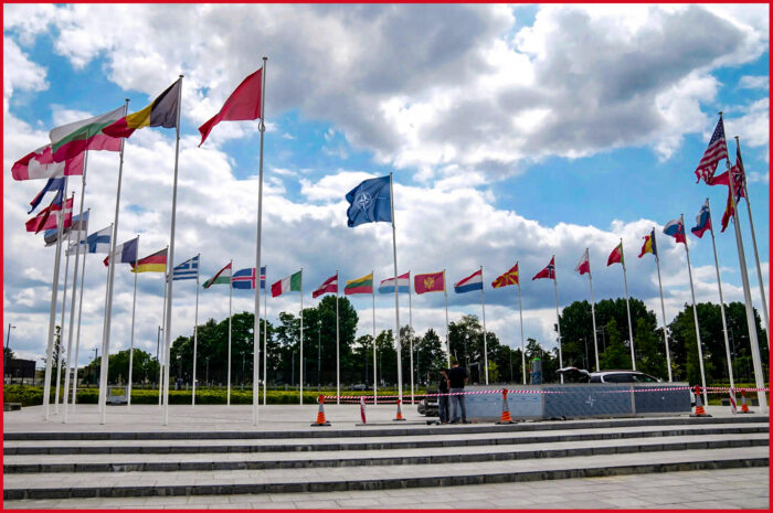 Le bandiere degli stati membri esposte intorno al vessillo della NATO