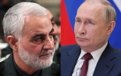 Il gen Soleimani, a sinistra, Putin a destra. L'attacco a Putin ricorda l'assassinio di Soleimani