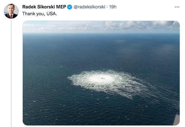 Il tweet di Radek Sikorski con cui ringrazia gli USA per l'esplosione dei gasdotti. Dopo le bombe ai gasdotti, chiudere la guerra Ucraina