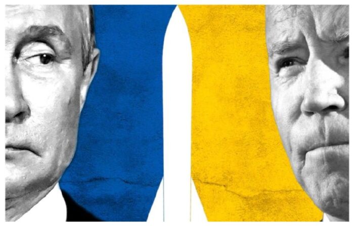 Grafica che contrappone Putin a Biden su uno sfondo dai colori Ucraini. Gli USA sembrano ignorare gli avvertimenti di Putin
